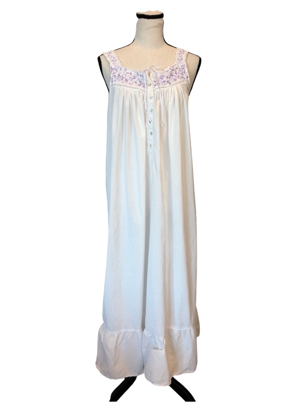 Eileen West Size Small White Cotton Nightgown Lavender Floral Embroidered Maxi